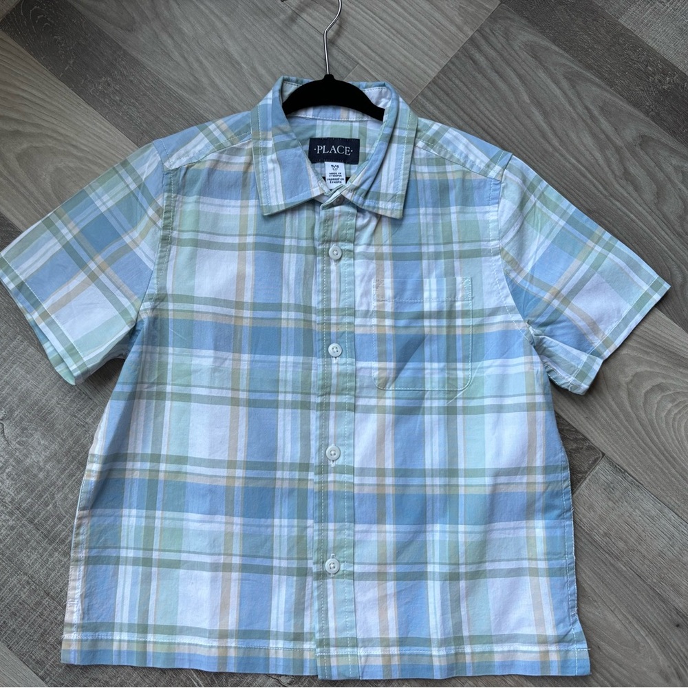 The Children's Place Boys' Short Sleeve Plaid Shirt - Blue & Green